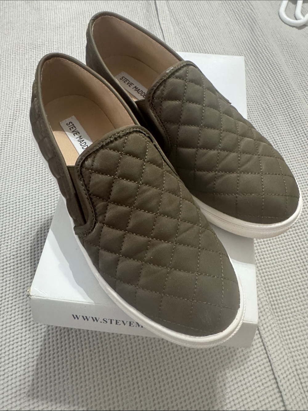 Steve Madden Quilted Slip-On Loafers in Olive Green